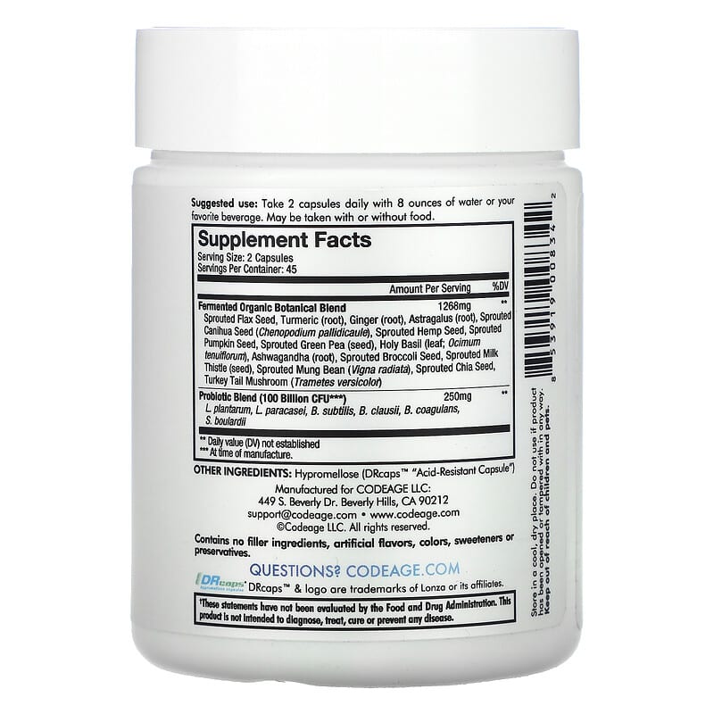 Codeage, Digestion, SBO Probiotic+, Shelf-Stable, 100 Billion CFU, 90 Capsules 853919008342