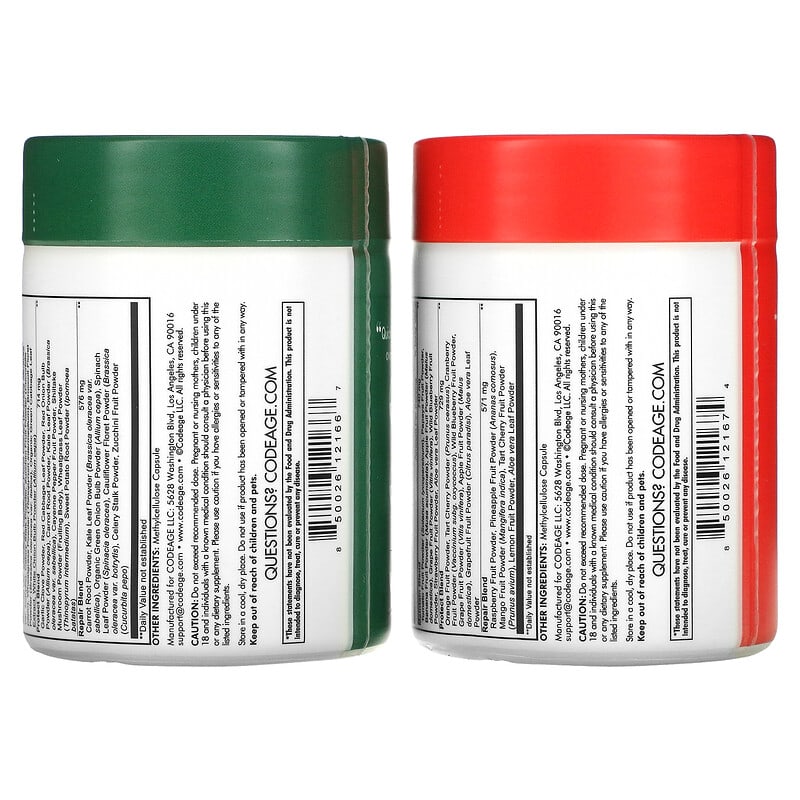 Codeage, Easy Veggies Daily Veggie Blend / Fast Fruits Daily Fruit Blend, 2 Bottles, 90 Capsules Each 850026121810