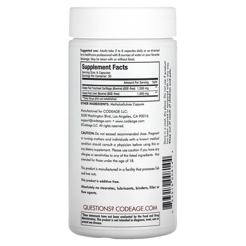 Codeage, Grass-Fed Beef Cartilage, Pasture Raised, 180 Capsules 853919008144