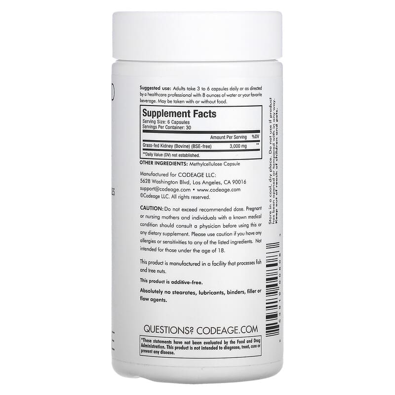 Codeage, Grass-Fed Beef Kidney, Pasture Raised, 180 Capsules 853919008083