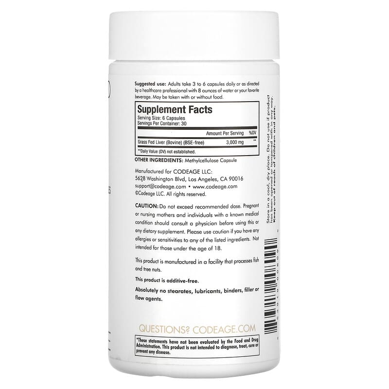 Codeage, Grass-Fed Beef Liver, Pasture Raised, 180 Capsules 853919008090