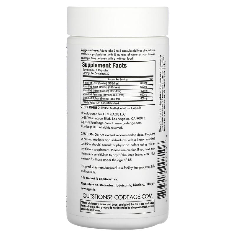 Codeage, Grass-Fed Beef Organs, Pasture-Raised, 180 Capsules 853919008106