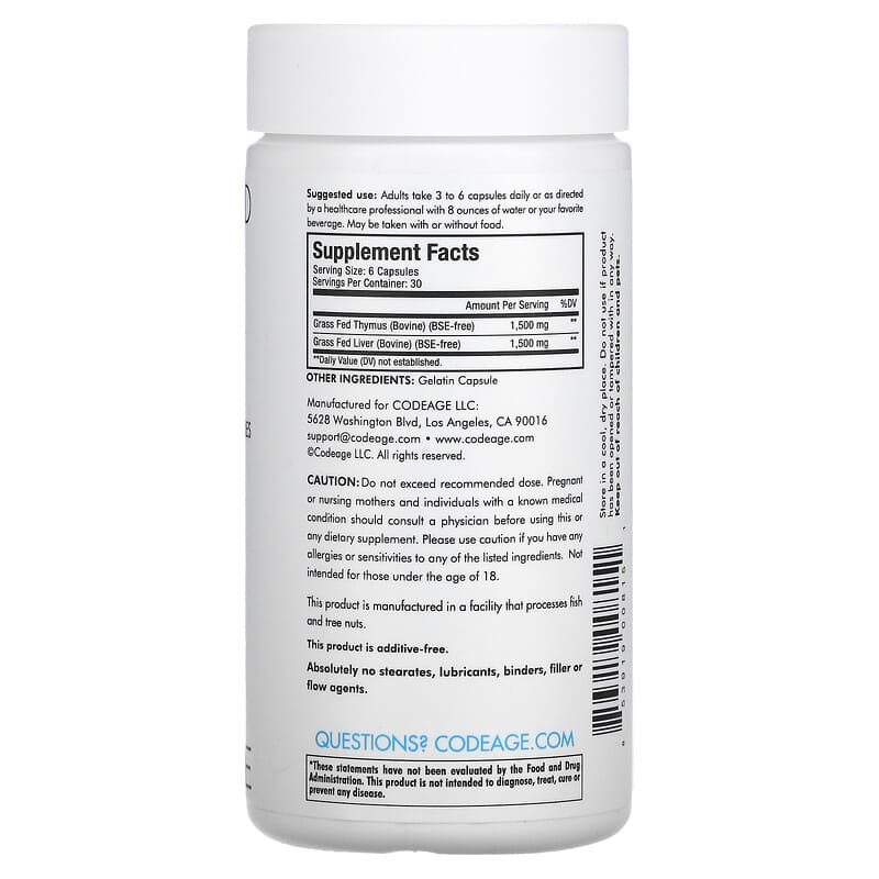 Codeage, Grass-Fed Beef Thymus, Pasture Raised, 180 Capsules 853919008151