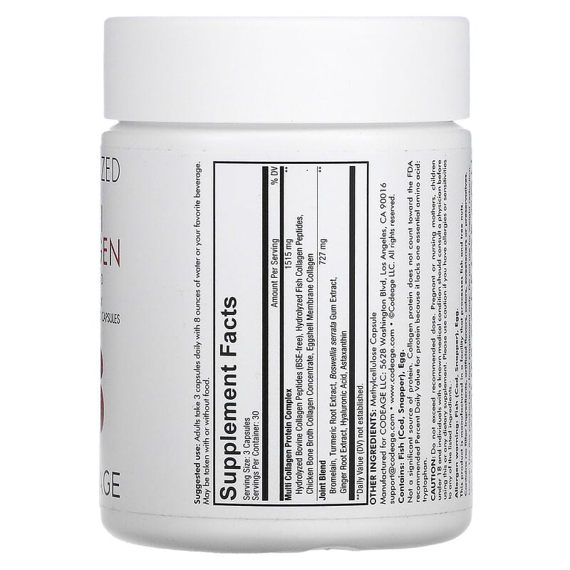 Codeage, Hydrolyzed Multi Collagen Protein + Joint Blend, Type I, II, III, V,  X, 90 Capsules 853919008908