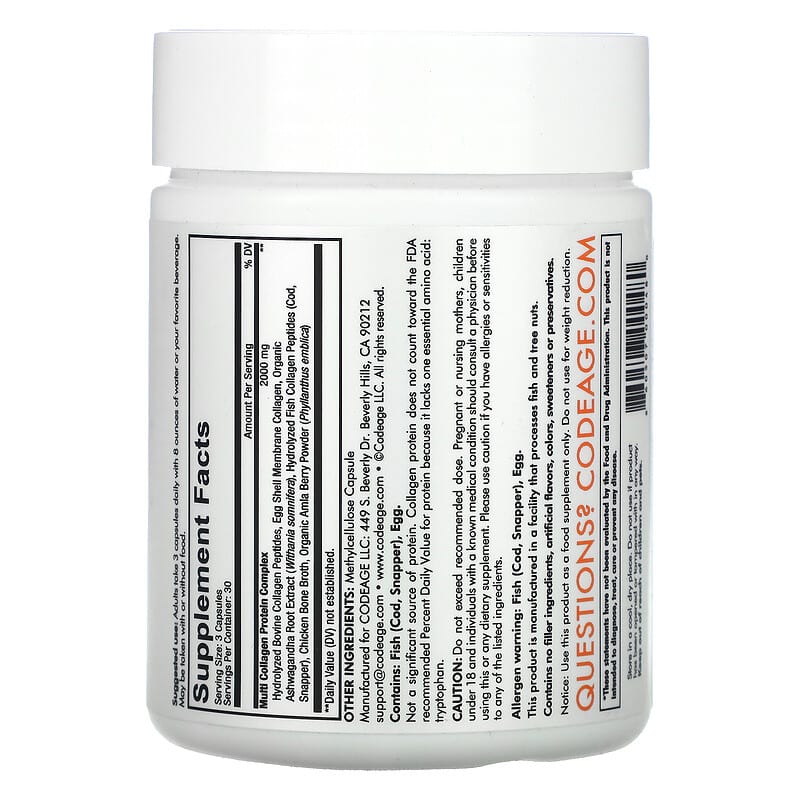 Codeage, Hydrolyzed, Multi Collagen, Type I, II, III, V, X, 90 Capsules 860507000480