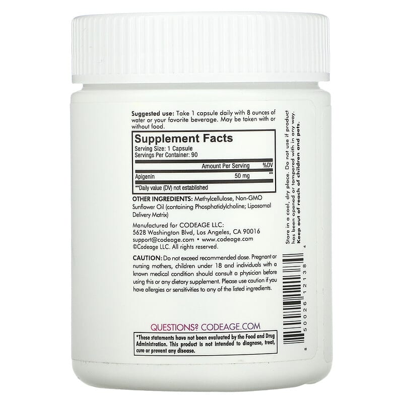 Codeage, Liposomal, Apigenin, Non-GMO, Vegan, 90 Capsules 850026121384