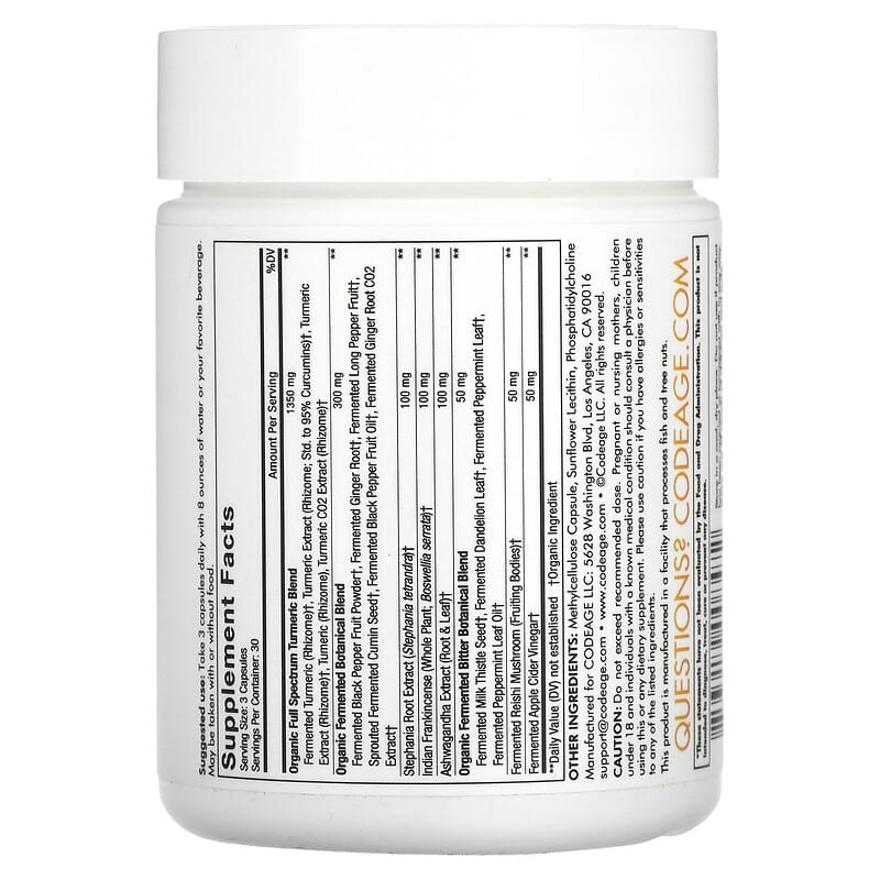 Codeage, Liposomal, Fermented Turmeric, Black Pepper, Curcumin, Ginger, 90 Capsules 853919008472