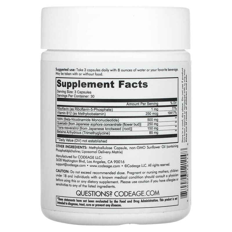 Codeage, Liposomal NMN, Resveratrol, Quercetin, 90 Capsules 850026121148