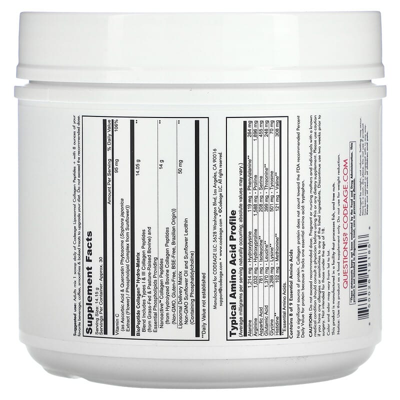 Codeage, Liposomal Powder, Collagen Peptides+, Unflavored, 14.97 oz (424.50 g) 850026121858