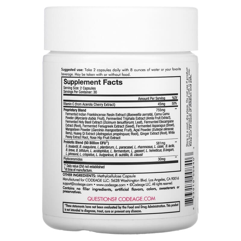 Codeage, Skin Probiotic, Shelf-Stable, 50 Billion CFU, 60 Capsules 853919008403
