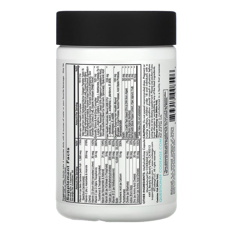 Codeage, Vitamins, Hair, Biotin, Collagen, Keratin, 120 Capsules 853919008496