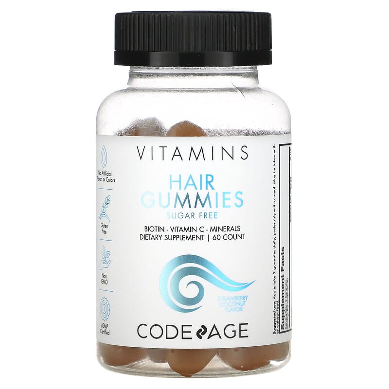 Codeage Vitamins Hair Gummies Sugar Free Biotin Vitamin C Minerals Strawberry Coconut 60 Count 850026121117