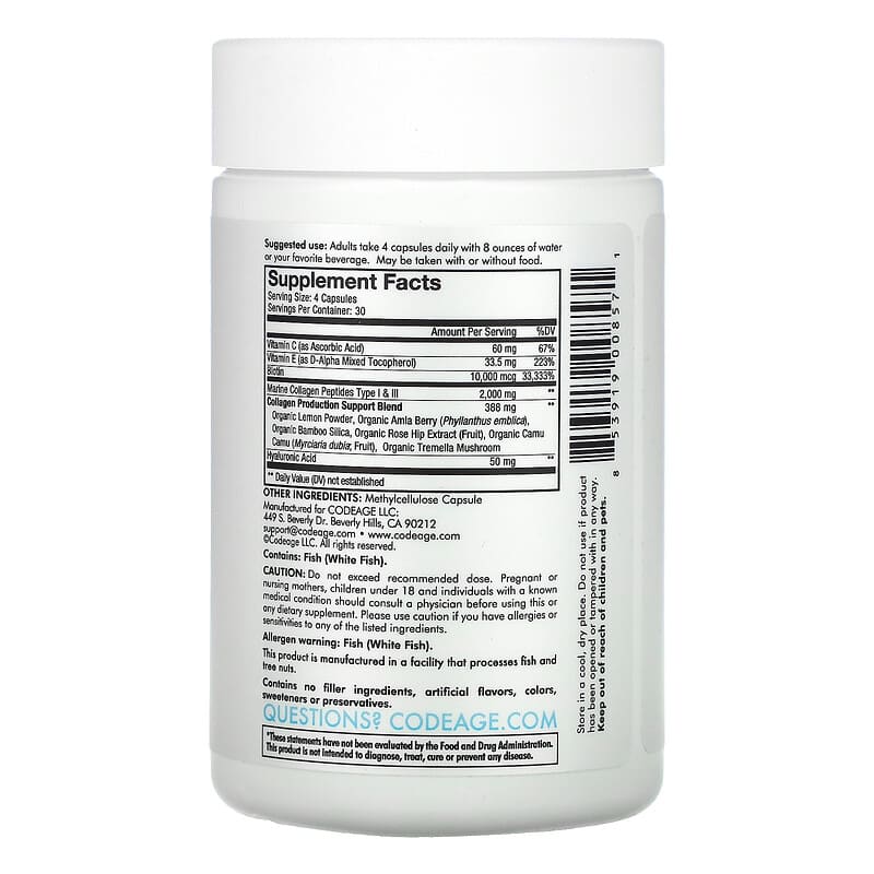 Codeage, Wild Caught, Biotin Marine Collagen, Hyaluronic Acid, 120 Capsules 853919008571
