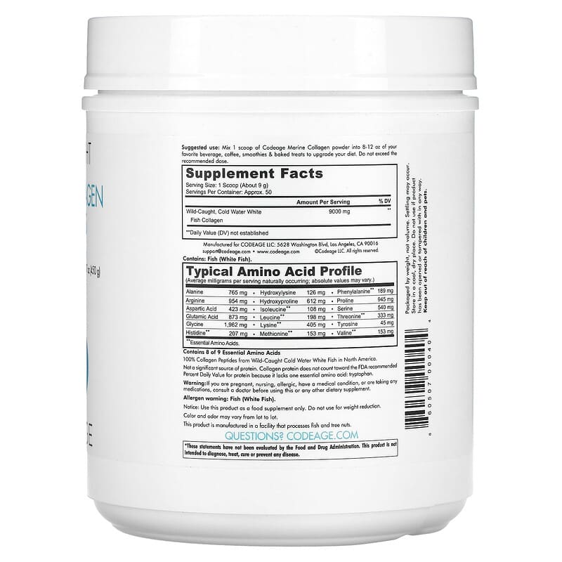 Codeage, Wild-Caught Marine Collagen Peptides, Hydrolyzed Collagen, Unflavored, 15.87 oz (450 g) 860507000404