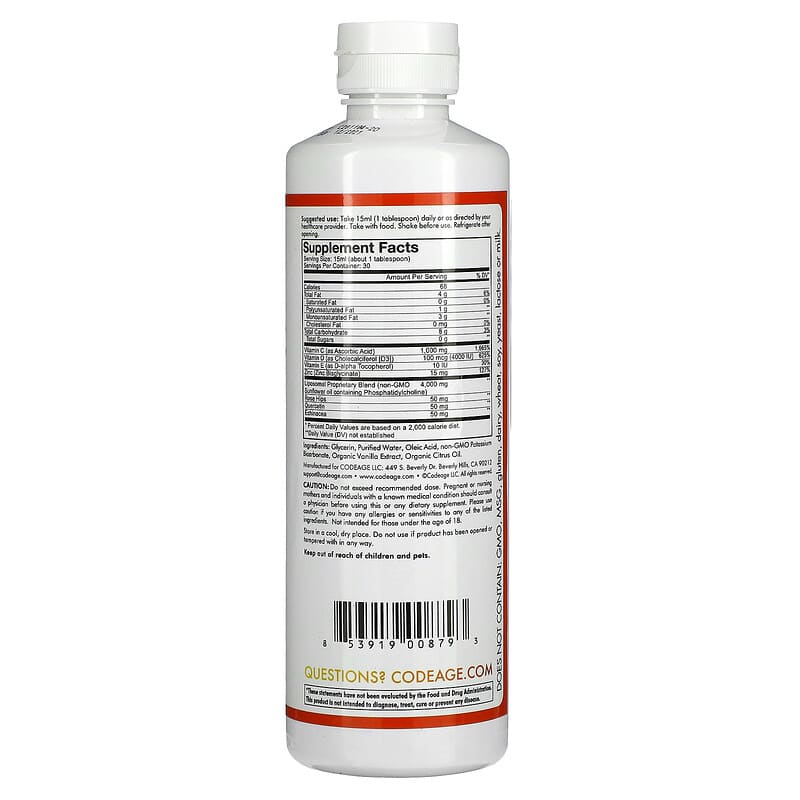 Codeage, Wonder-C, Vitamin C, D3, Zinc, Liposomal Delivery, Orange Tangerine, 16 fl oz (473 ml) 853919008793