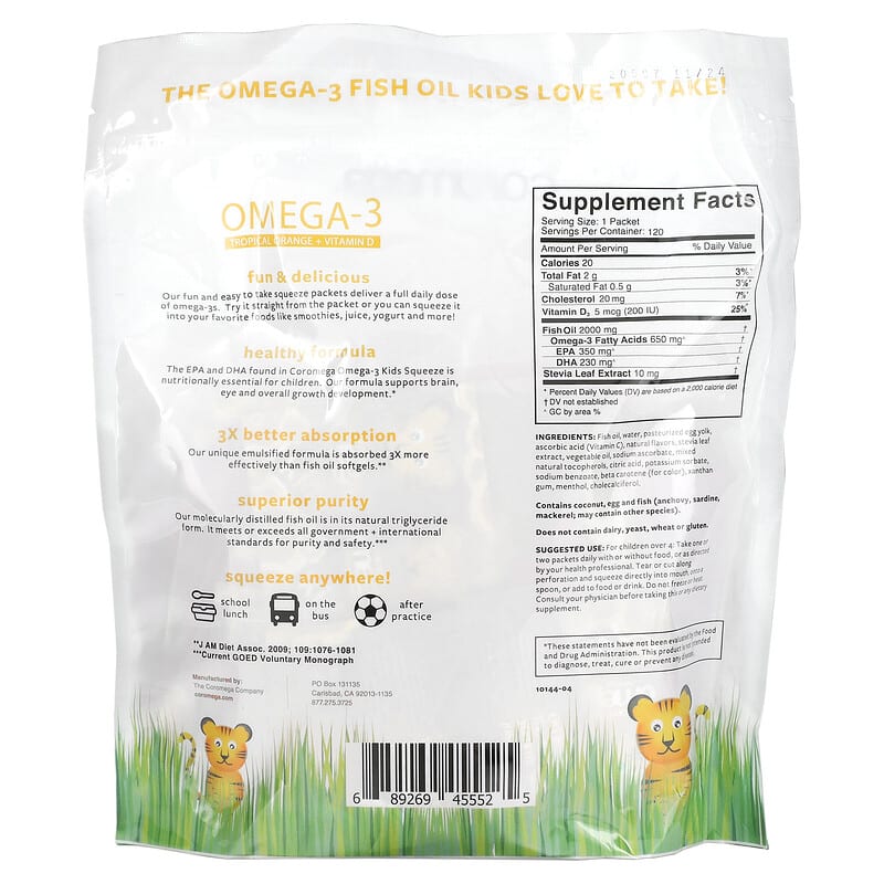 Coromega, Kids, Omega-3, Tropical Orange + Vitamin D, 120 Single Serving Squeeze Shots, 2.5 g Each 689269455525