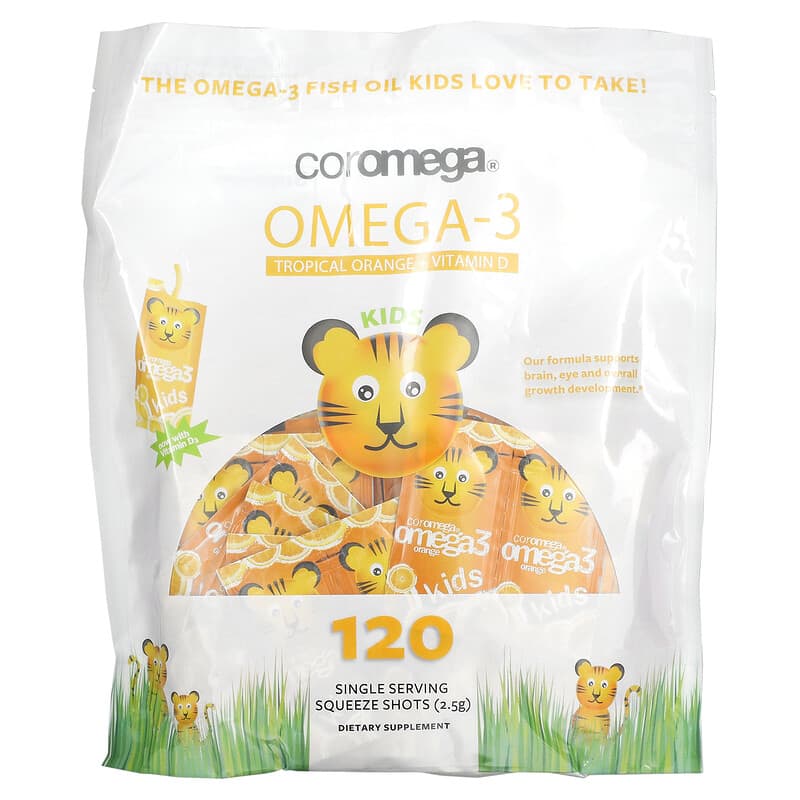 Coromega Kids Omega-3 Tropical Orange + Vitamin D 120 Single Serving Squeeze Shots 2.5 g Each 689269455525