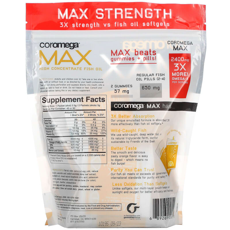Coromega, Max High Concentrate Omega-3 Fish Oil, Citrus Burst, 90 Squeeze Shots, 2.5 g Each 689269455600