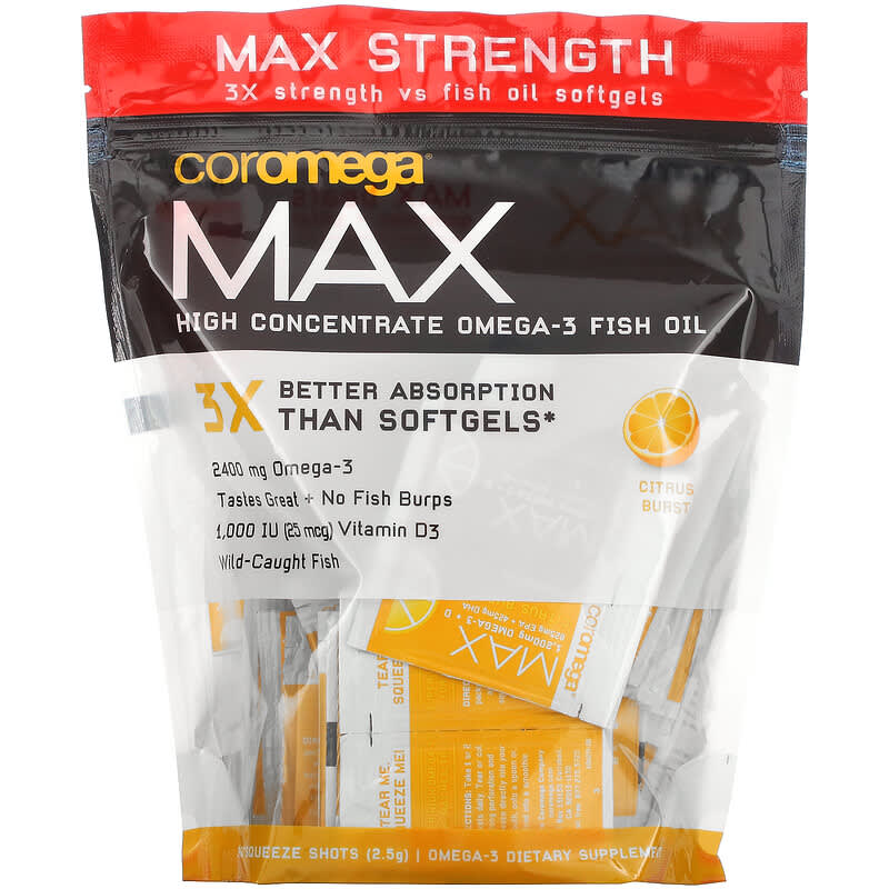 Coromega Max High Concentrate Omega-3 Fish Oil Citrus Burst 90 Squeeze Shots 2.5 g Each 689269455600