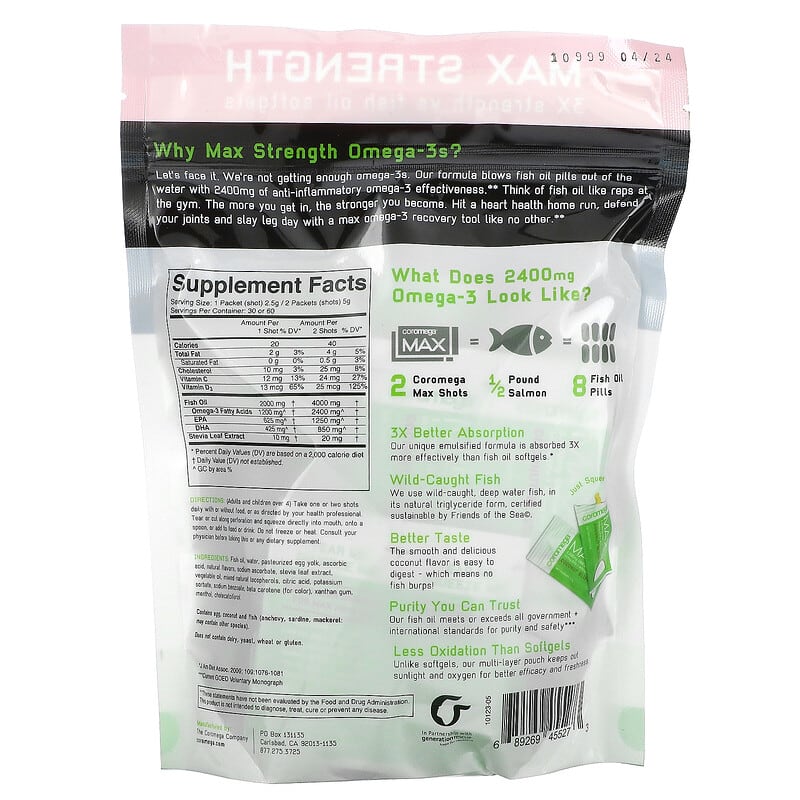 Coromega, Max, High Concentrate Omega-3 Fish Oil, Coconut Bliss, 1,200 mg, 60 Squeeze Shots, 2.5 g Each 689269455273