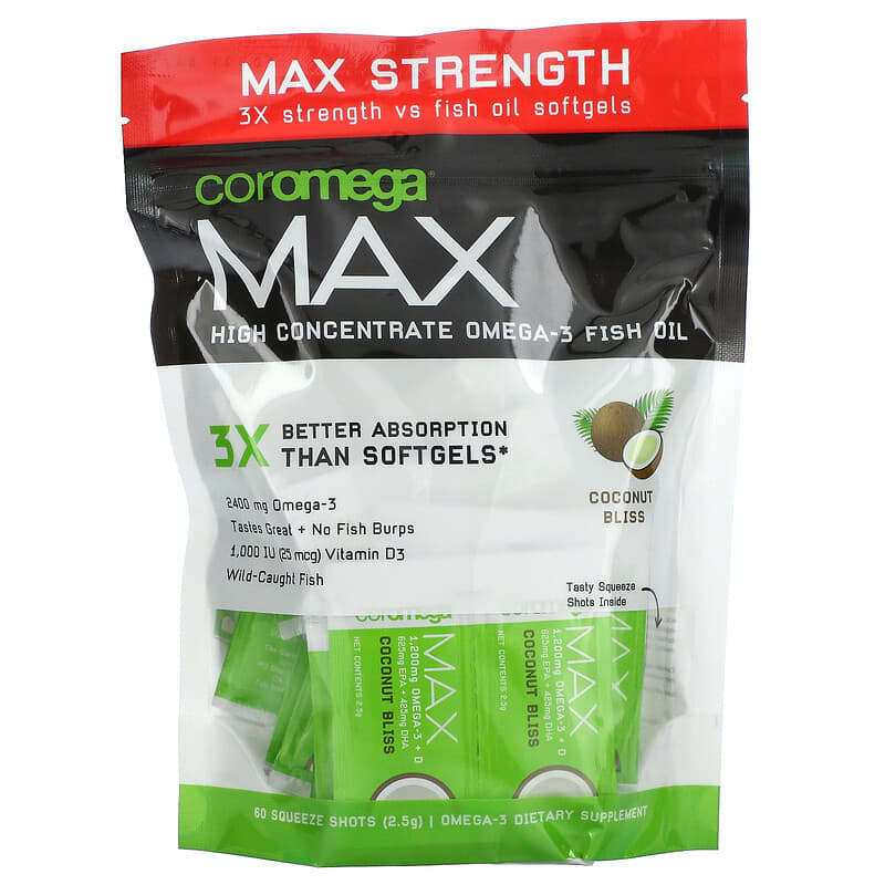 Coromega Max High Concentrate Omega-3 Fish Oil Coconut Bliss 1,200 mg 60 Squeeze Shots 2.5 g Each 689269455273