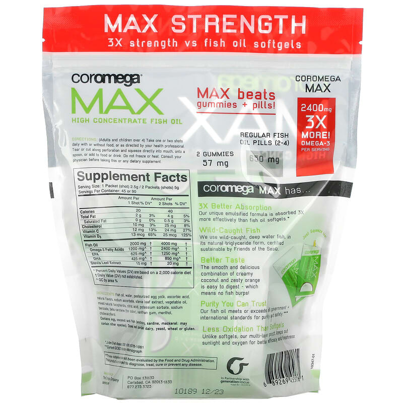 Coromega, Max High Concentrate Omega-3 Fish Oil, Coconut Bliss, 90 Squeeze Shots, 2.5 g Each 689269455761