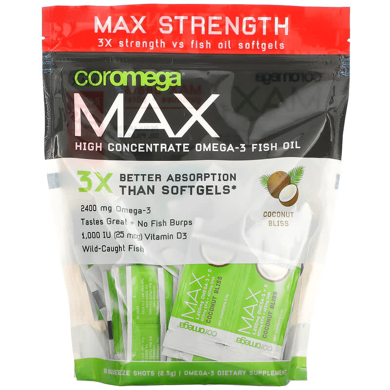 Coromega Max High Concentrate Omega-3 Fish Oil Coconut Bliss 90 Squeeze Shots 2.5 g Each 689269455761