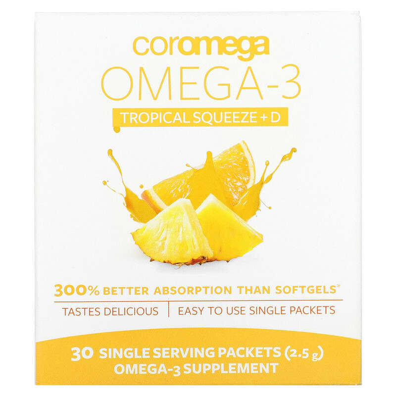 Coromega Omega-3 Squeeze Tropical Squeeze+D 30 Single Serving Packets 2.5 g Each 689269452227