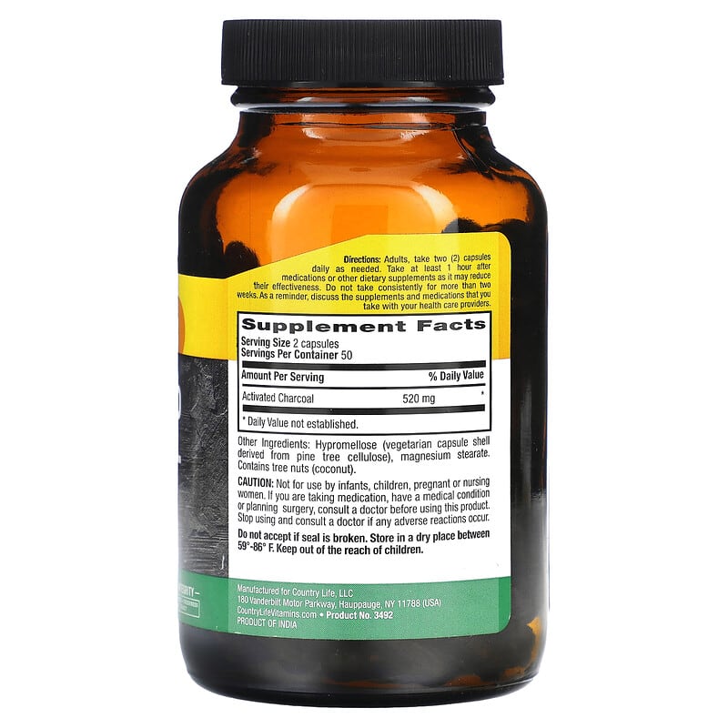 Country Life, Activated Charcoal, 260 mg, 100 Vegan Capsules 15794034926