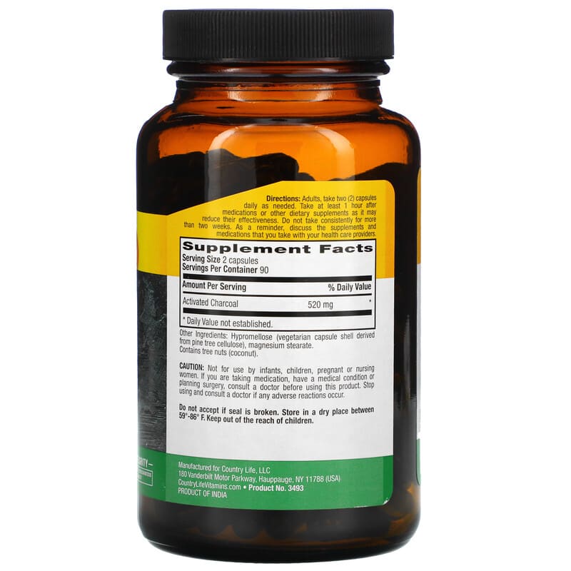 Country Life, Activated Charcoal, 260 mg, 180 Vegan Capsules 15794034933