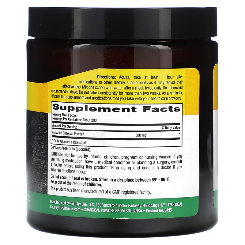 Country Life, Activated Coconut Charcoal Powder, 500 mg, 5 oz (141.7 g) 15794034957