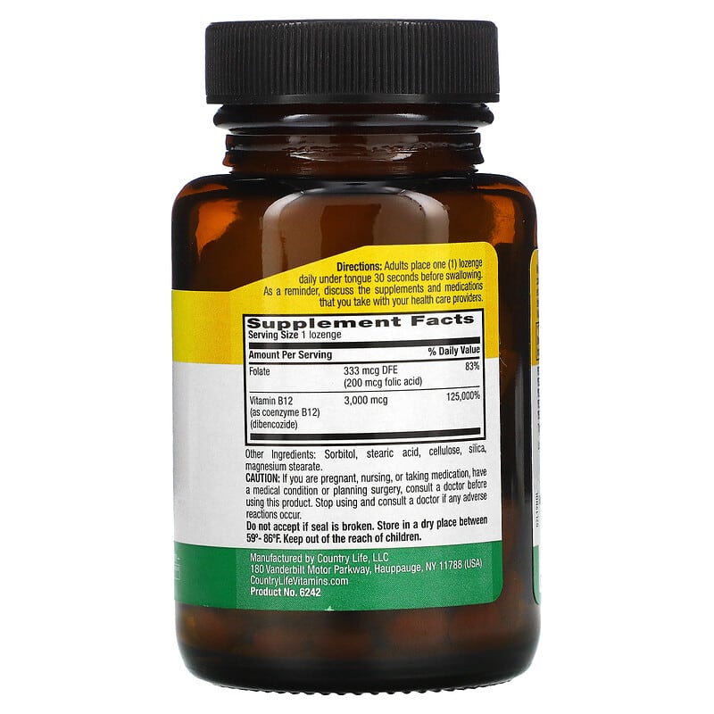 Country Life, Active B12 Dibencozide with Folic Acid, 3,000 mcg, 60 Lozenges 15794062424