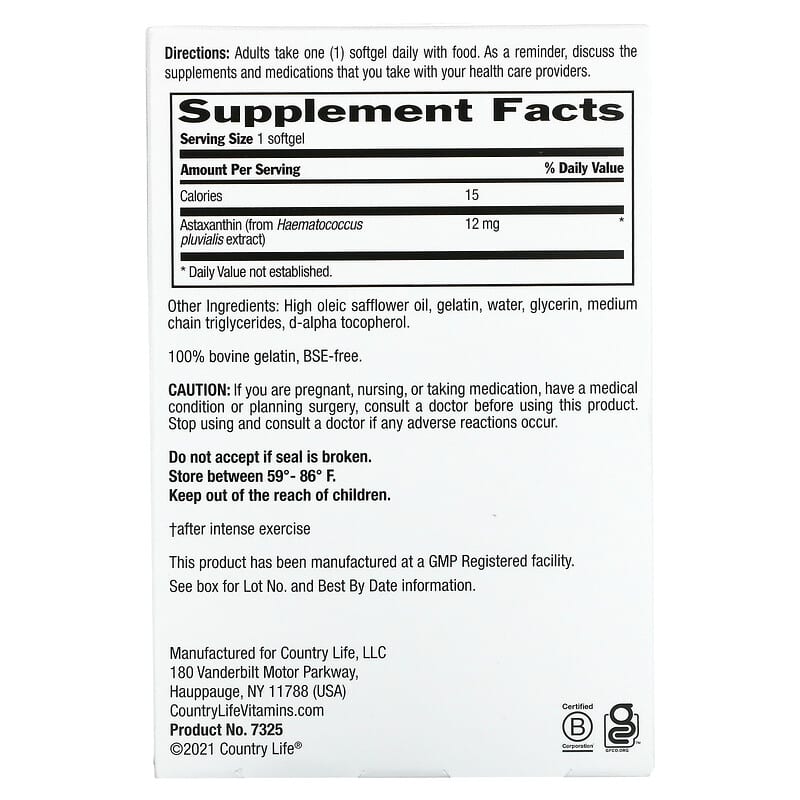 Country Life, Astaxanthin Max, 12 mg, 60 Softgels 15794073253