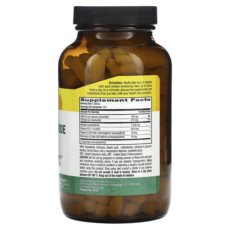 Country Life, Betaine Hydrochloride with Pepsin, 600 mg, 250 Tablets 15794051046