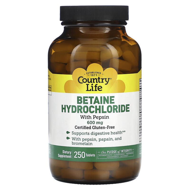 Country Life Betaine Hydrochloride with Pepsin 600 mg 250 Tablets 15794051046