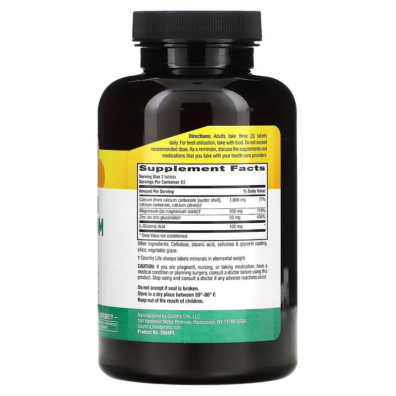 Country Life, Calcium Magnesium Zinc, 250 Tablets 15794026044