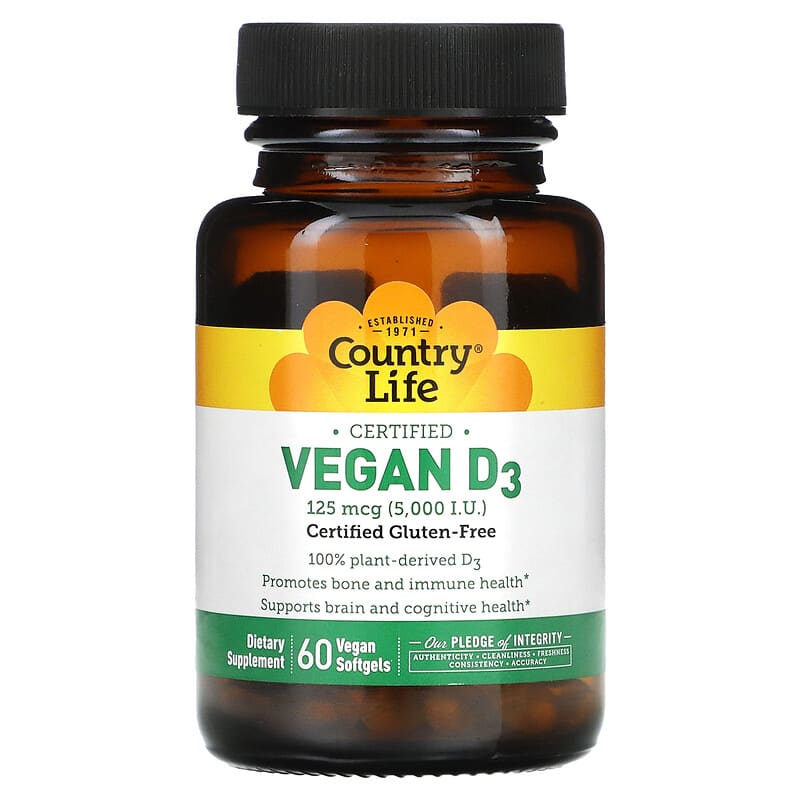 Country Life, Certified Vegan D3, 125 mcg (5,000 IU), 60 Vegan Softgels 15794058212