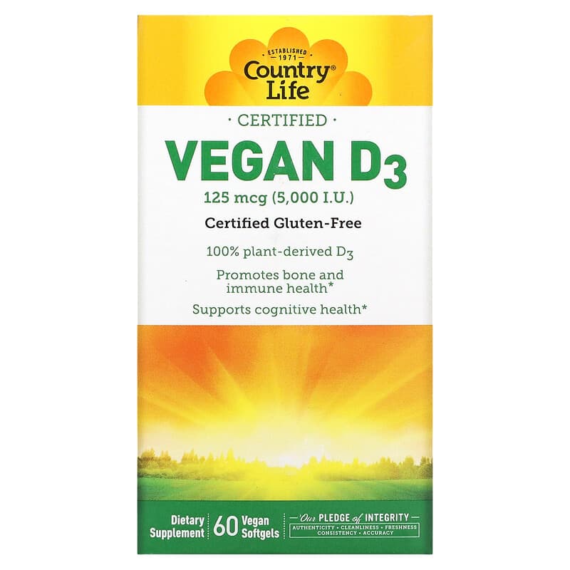 Country Life Certified Vegan D3 125 mcg (5,000 IU) 60 Vegan Softgels 15794058212
