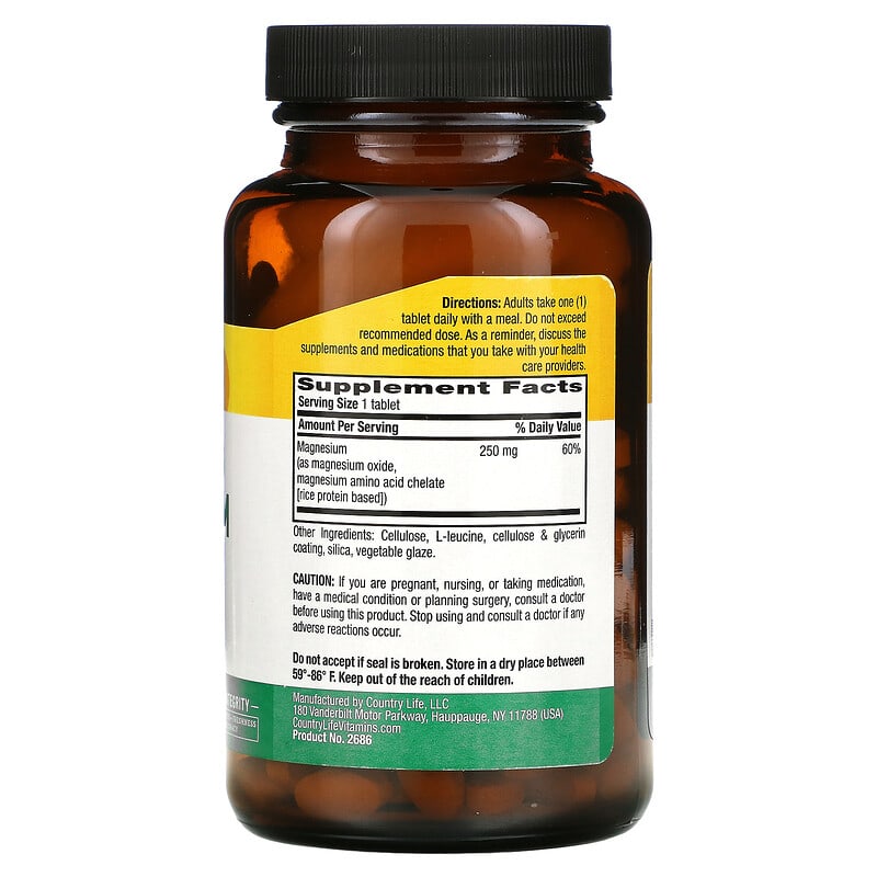 Country Life, Chelated Magnesium, 250 mg, 180 Tablets 15794026860