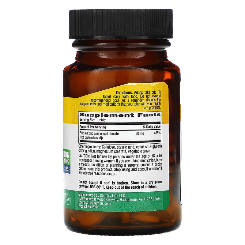 Country Life, Chelated Zinc, 50 mg, 100 Tablets 15794029519