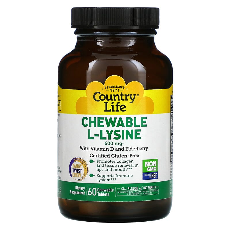 Country Life Chewable L-Lysine with Vitamin D and Elderberry 300 mg 60 Chewable Tablets 15794013204