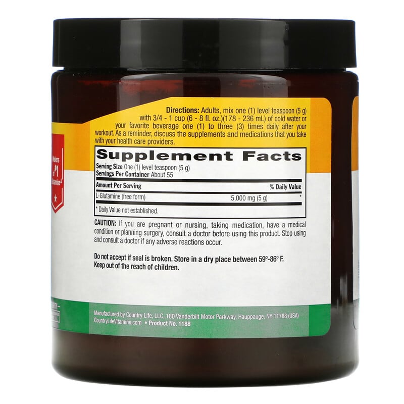 Country Life, Glutamine Pure Powder, 5,000 mg, 9.7 oz (275 g) 15794011880