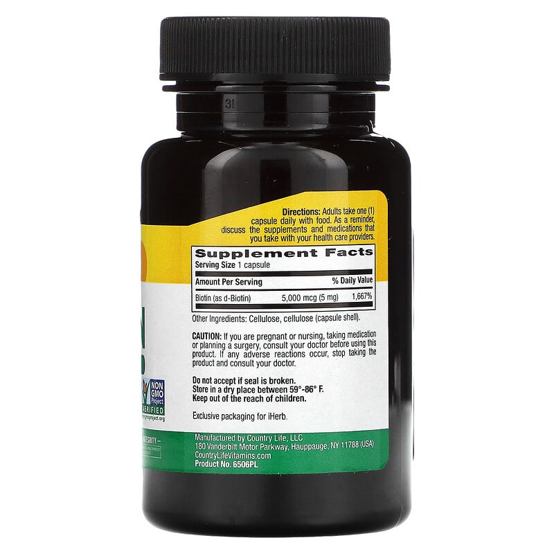 Country Life, High Potency Biotin, 5 mg, 120 Vegan Capsules 15794065067