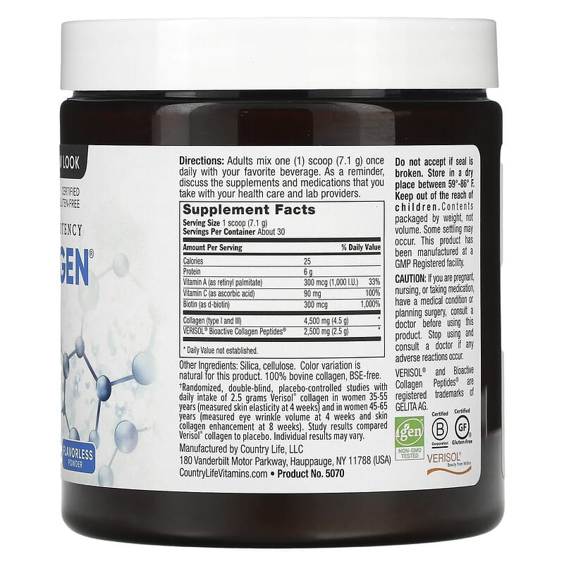 Country Life, High Potency Maxi-Collagen 7000, Flavorless Powder, 7.5 oz (213 g) 15794050704