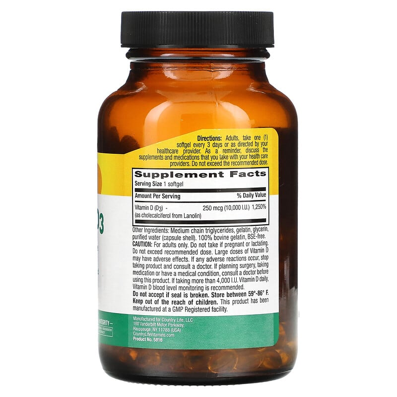 Country Life, High Potency Vitamin D3, 250 mcg (10,000 IU), 200 Softgels 15794058168