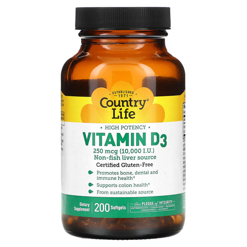 Country Life High Potency Vitamin D3 250 mcg (10,000 IU) 200 Softgels 15794058168