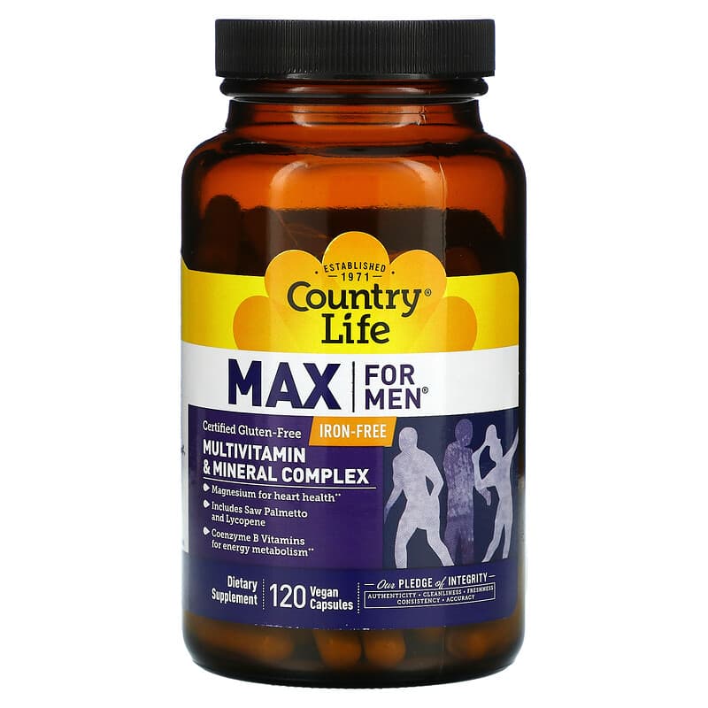 Country Life Max for Men Multivitamin & Mineral Complex Iron-Free 120 Vegan Capsules 15794081401
