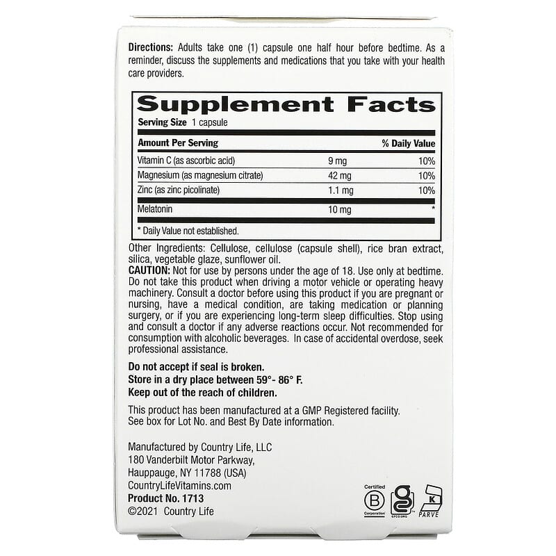 Country Life, Melatonin 10 mg Magnesium, Zinc & Vitamin C, 60 Vegan Capsules 15794017134
