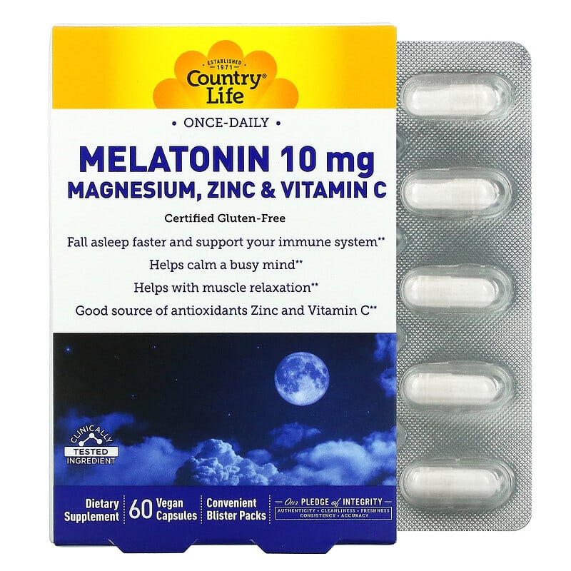 Country Life Melatonin 10 mg Magnesium Zinc & Vitamin C 60 Vegan Capsules 15794017134