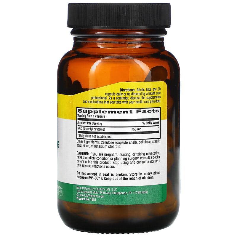 Country Life, NAC, N-Acetyl Cysteine, 750 mg, 60 Vegan Capsules 15794016878